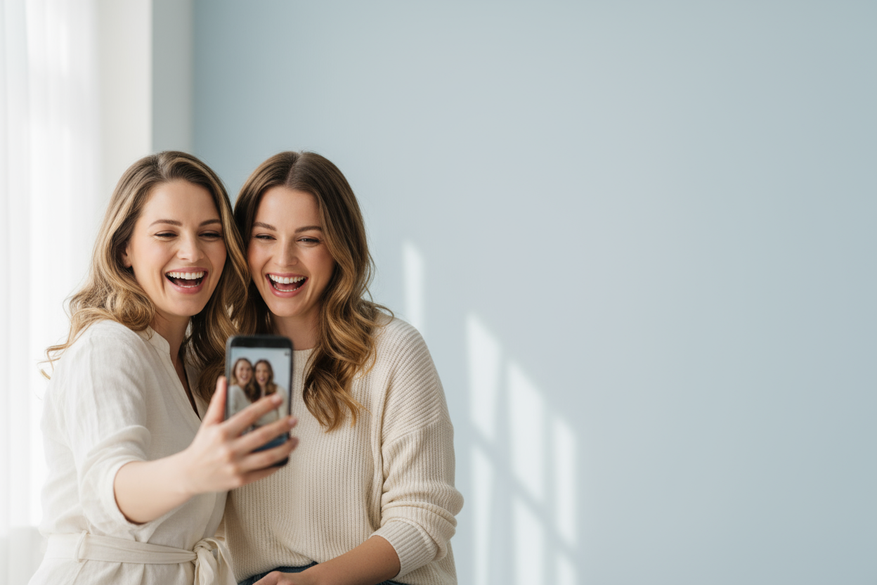 Maybe just two women and make them the focal point to the left of the image. Make the photo less busy.